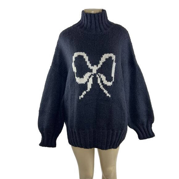 Lisa Says Gah Cece Turtleneck Sweater Size M/L Black Ink Bow Knit Oversized Cozy - Picture 5 of 14